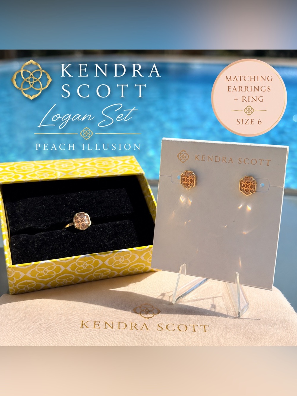 Kendra Scott Logan Earrings & Matching Ring Set Peach Illusion Gold Tone Size 6